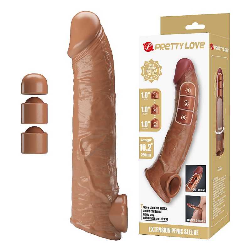 Capa Peniana com Anel - 3 Acessórios Extensores - 26.0 x 5.1 cm - Pretty Love: Cor: Marrom;