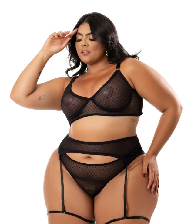 Conjunto Plus Size Sexy em Tule Dot com Cinta Liga – Barbara
